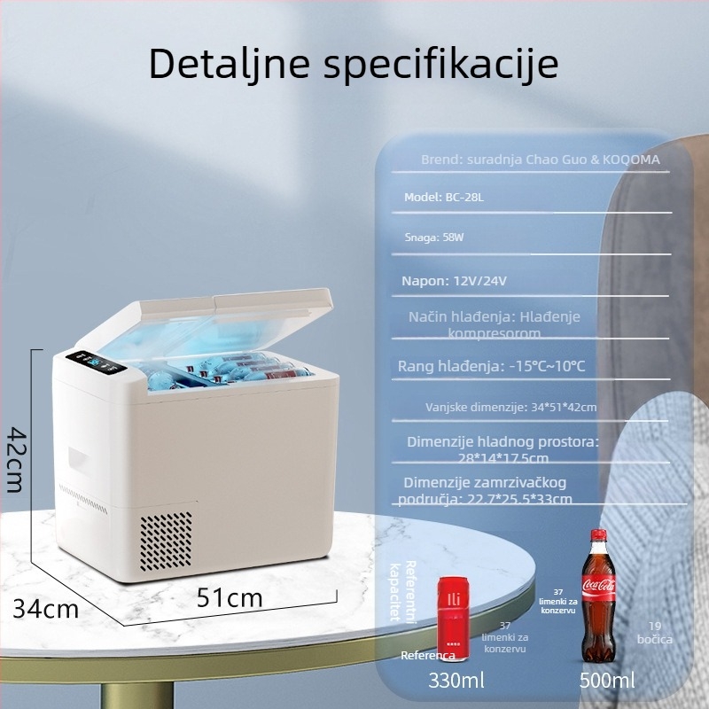 KOQOMA kompresorski autohladnjak, univerzalna 12V/24V kompatibilnost, kapacitet 20L+, potrošnja 48-75W, hladi do 0°C