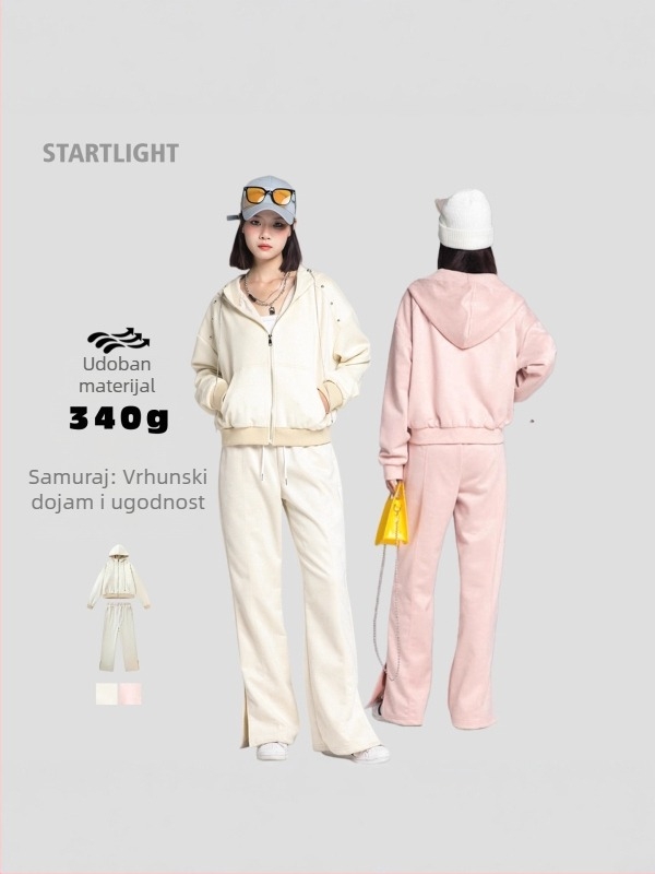 Jeseni dvodijelni kostim: kardigan top s blokovima boja i hlače, poliester 95% + spandeks 5%, suede naglasak, korejski gradski stil
