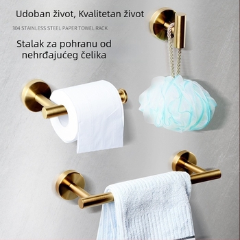 Set držača ručnika za kupaonicu: šipka za ručnike, prsten za ručnike, vješalica za odjeću i držač toaletnog papira — nehrđajući čelik, brušena crna/zlatna završna obrada, nosivost 15 kg
