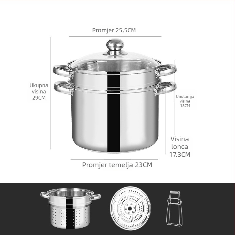 Višenamjenski lonac za tjesteninu s dvostrukim parnim slojem, nehrđajući čelik, stakleni poklopac, model GC5484