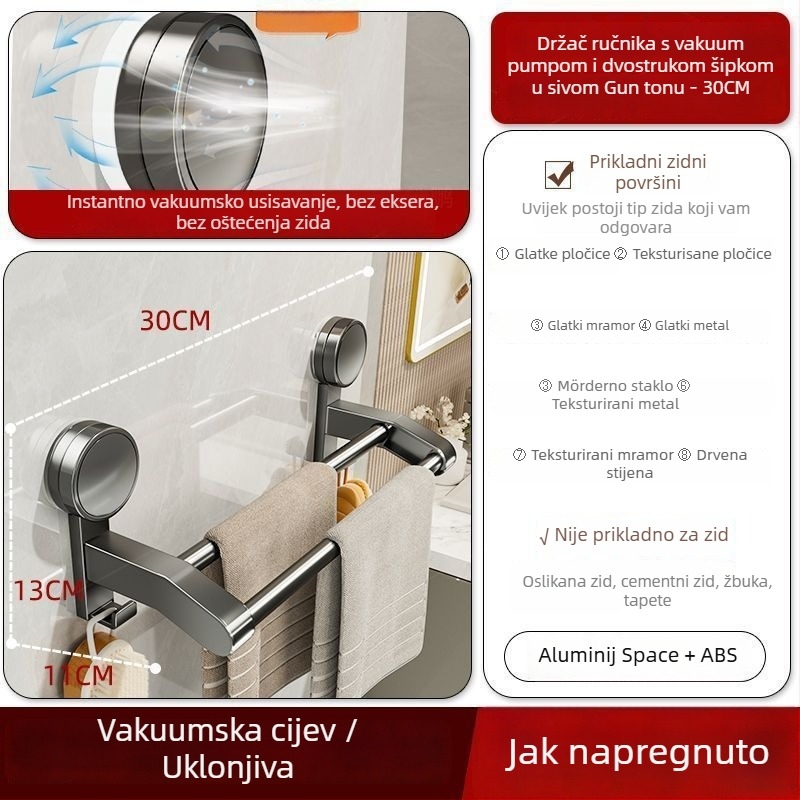 Kupaonski stalak za ručnike s rotirajućim usisnim držačem, zid bez bušenja, dvostruka šipka, 2 razine pohrane, Space aluminij + ABS