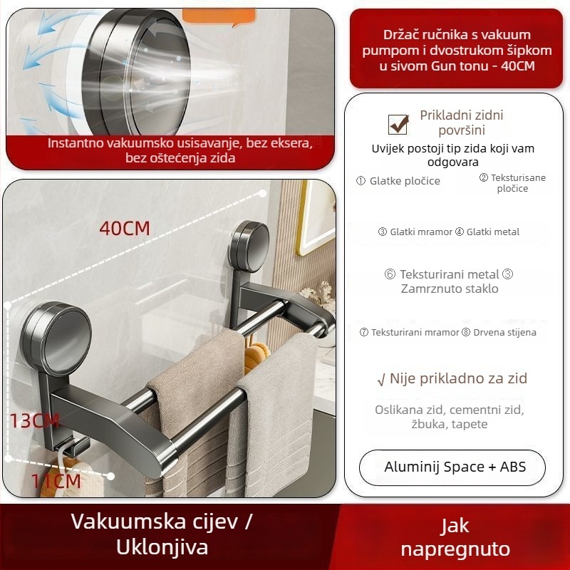 Kupaonski stalak za ručnike s rotirajućim usisnim držačem, zid bez bušenja, dvostruka šipka, 2 razine pohrane, Space aluminij + ABS