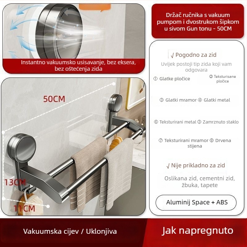 Kupaonski stalak za ručnike s rotirajućim usisnim držačem, zid bez bušenja, dvostruka šipka, 2 razine pohrane, Space aluminij + ABS