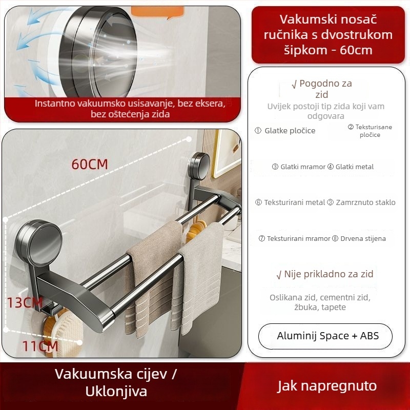 Kupaonski stalak za ručnike s rotirajućim usisnim držačem, zid bez bušenja, dvostruka šipka, 2 razine pohrane, Space aluminij + ABS