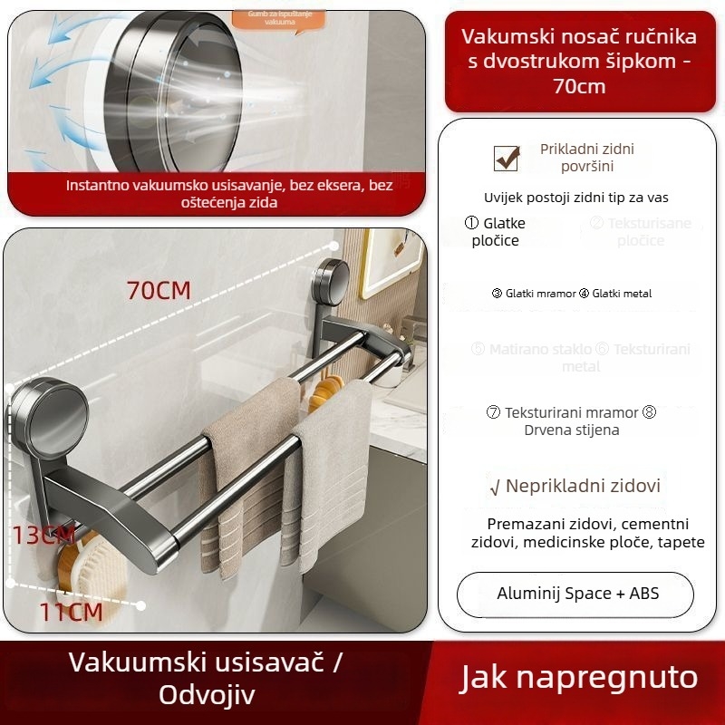 Kupaonski stalak za ručnike s rotirajućim usisnim držačem, zid bez bušenja, dvostruka šipka, 2 razine pohrane, Space aluminij + ABS