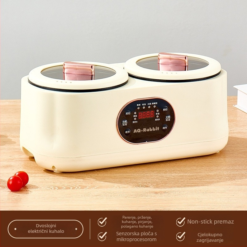 Dvostruki električni kuhalo s timerom i dvostrukom posudom, para i kuhanje, 800–1000W, kapacitet ispod 1 L, unutarnja posuda od crnog kristala, mikrokontrolno upravljanje