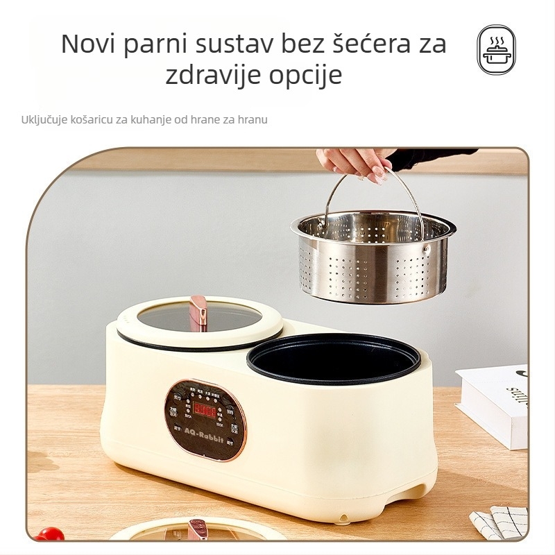 Dvostruki električni kuhalo s timerom i dvostrukom posudom, para i kuhanje, 800–1000W, kapacitet ispod 1 L, unutarnja posuda od crnog kristala, mikrokontrolno upravljanje