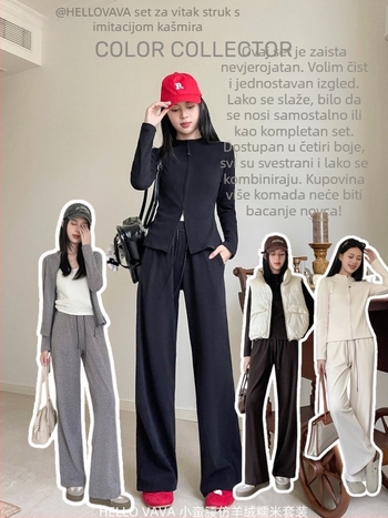 Dva dijela sportski komplet s kardiganom — jednobojni, polyester-spandeks smjesa, dugi rukavi, minimalistički stil, jesen 2025.