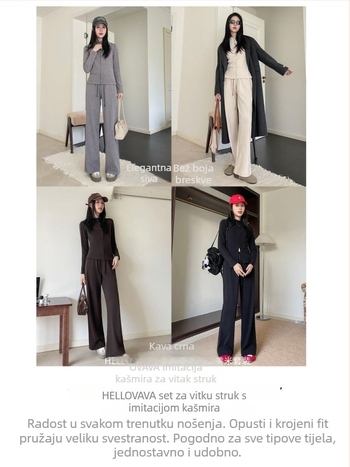 Dva dijela sportski komplet s kardiganom — jednobojni, polyester-spandeks smjesa, dugi rukavi, minimalistički stil, jesen 2025.