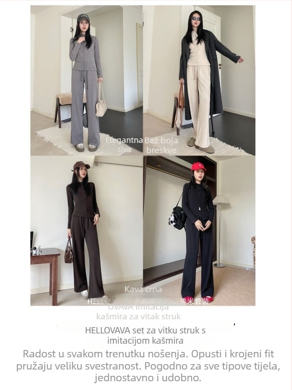 Dva dijela sportski komplet s kardiganom — jednobojni, polyester-spandeks smjesa, dugi rukavi, minimalistički stil, jesen 2025.