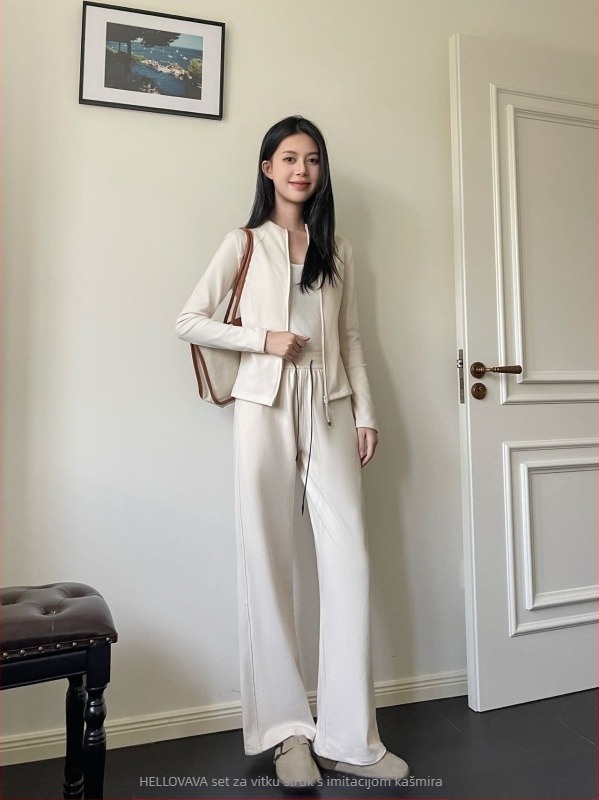 Dva dijela sportski komplet s kardiganom — jednobojni, polyester-spandeks smjesa, dugi rukavi, minimalistički stil, jesen 2025.