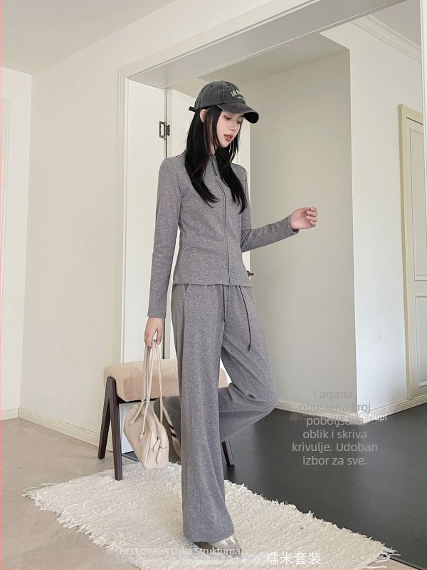 Dva dijela sportski komplet s kardiganom — jednobojni, polyester-spandeks smjesa, dugi rukavi, minimalistički stil, jesen 2025.