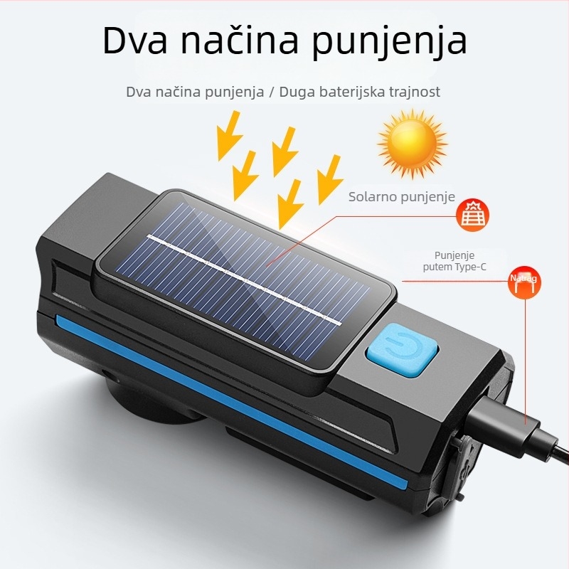 HARONBK prednja biciklistička svjetiljka sa solarnim napajanjem, rog i zvono, snažna LED svjetiljka za noćnu vožnju po planinama