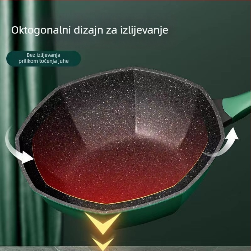Wok od Maifan kamena, non-stick premaz, osmerokutni oblik, stakleni poklopac, željezno tijelo, kompatibilan s indukcijom i plinskim plamenikom