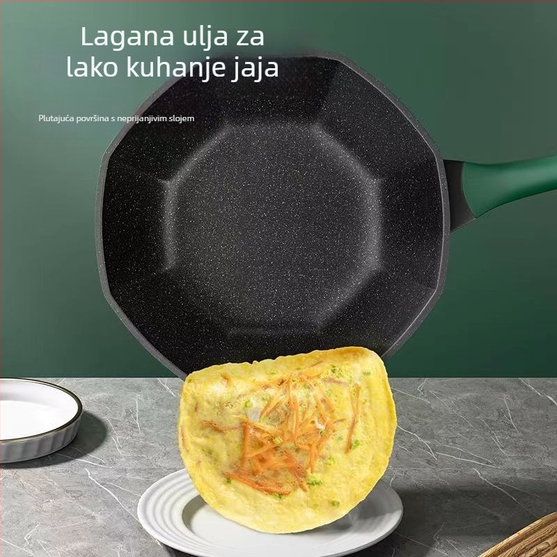 Wok od Maifan kamena, non-stick premaz, osmerokutni oblik, stakleni poklopac, željezno tijelo, kompatibilan s indukcijom i plinskim plamenikom