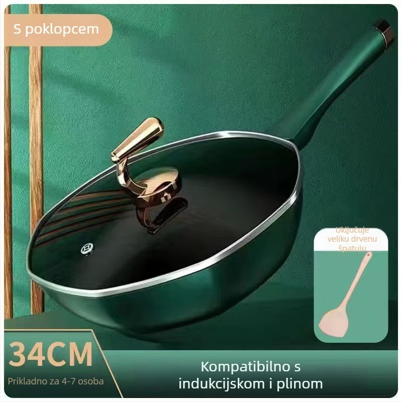 Wok od Maifan kamena, non-stick premaz, osmerokutni oblik, stakleni poklopac, željezno tijelo, kompatibilan s indukcijom i plinskim plamenikom