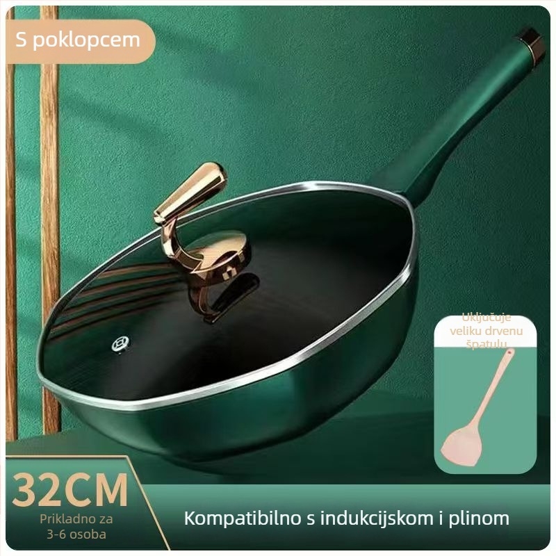 Wok od Maifan kamena, non-stick premaz, osmerokutni oblik, stakleni poklopac, željezno tijelo, kompatibilan s indukcijom i plinskim plamenikom