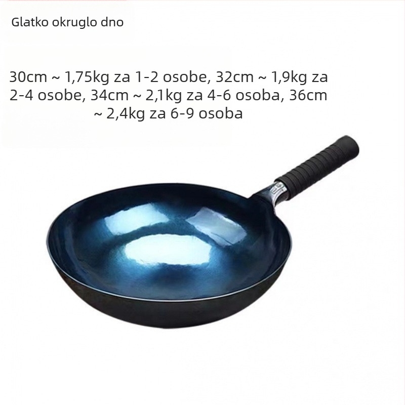 Wok od lijevanog željeza, bez premaza, neprijanjajući, drveni poklopac, jednostrano dno, dubina 11