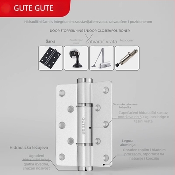Zatvarač šarnira za nevidljiva vrata, hidraulički amortizer, povratna opruga, anodizirani aluminij
