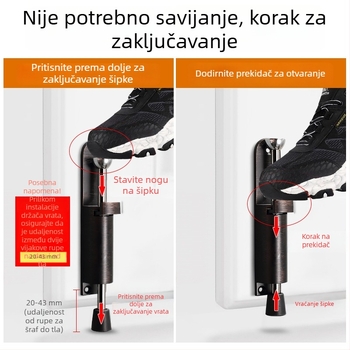 Štoper za vrata s oprugom i pedalom, zaštita od sudara, slobodan zaustavni položaj, bušenje potrebno