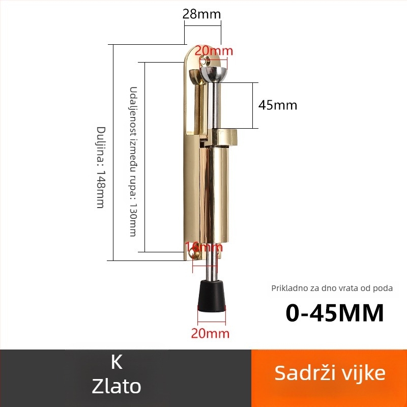 Štoper za vrata s oprugom i pedalom, zaštita od sudara, slobodan zaustavni položaj, bušenje potrebno