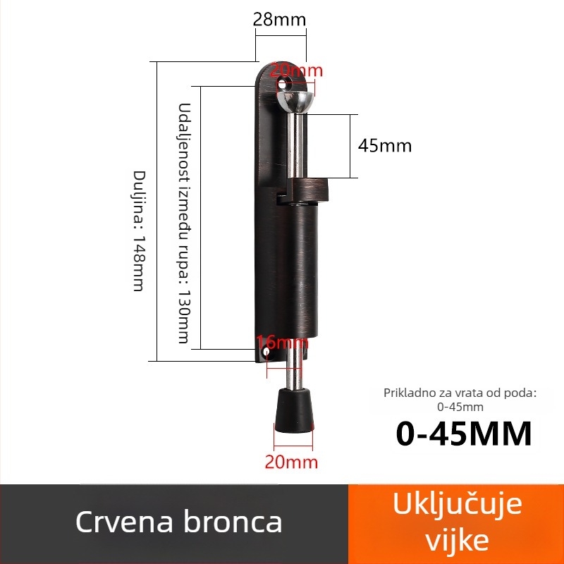 Štoper za vrata s oprugom i pedalom, zaštita od sudara, slobodan zaustavni položaj, bušenje potrebno