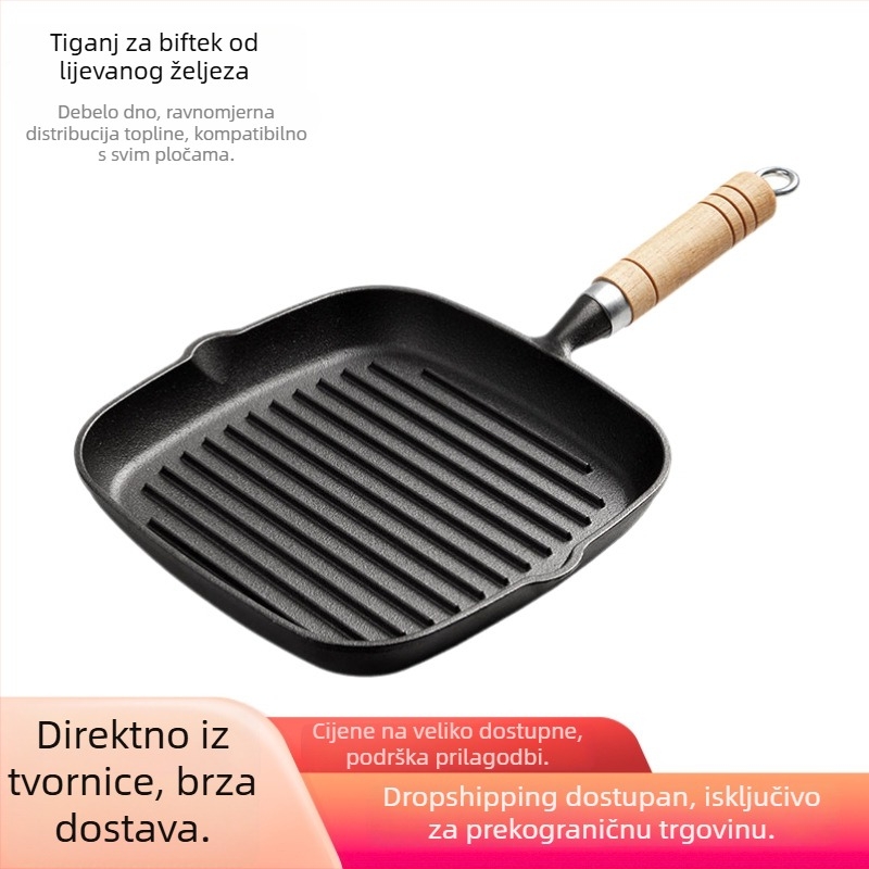 Tavica za steak od lijevanog željeza, debela, bez premaz, drška od drveta, višeslojno dno, kompatibilna s plinskim i indukcijskim pločama