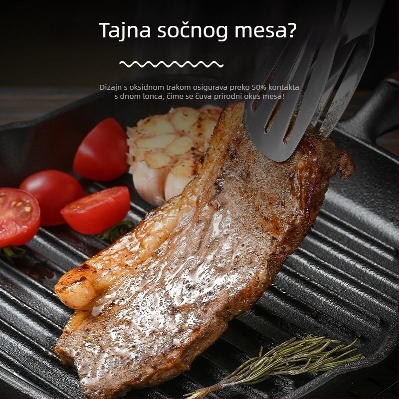 Tavica za steak od lijevanog željeza, debela, bez premaz, drška od drveta, višeslojno dno, kompatibilna s plinskim i indukcijskim pločama