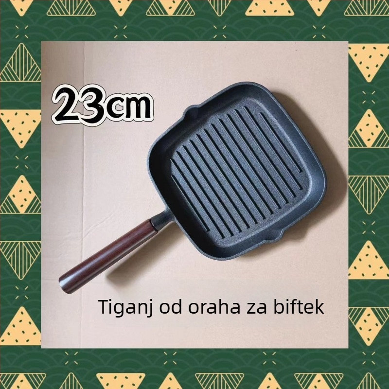 Tavica za steak od lijevanog željeza, debela, bez premaz, drška od drveta, višeslojno dno, kompatibilna s plinskim i indukcijskim pločama