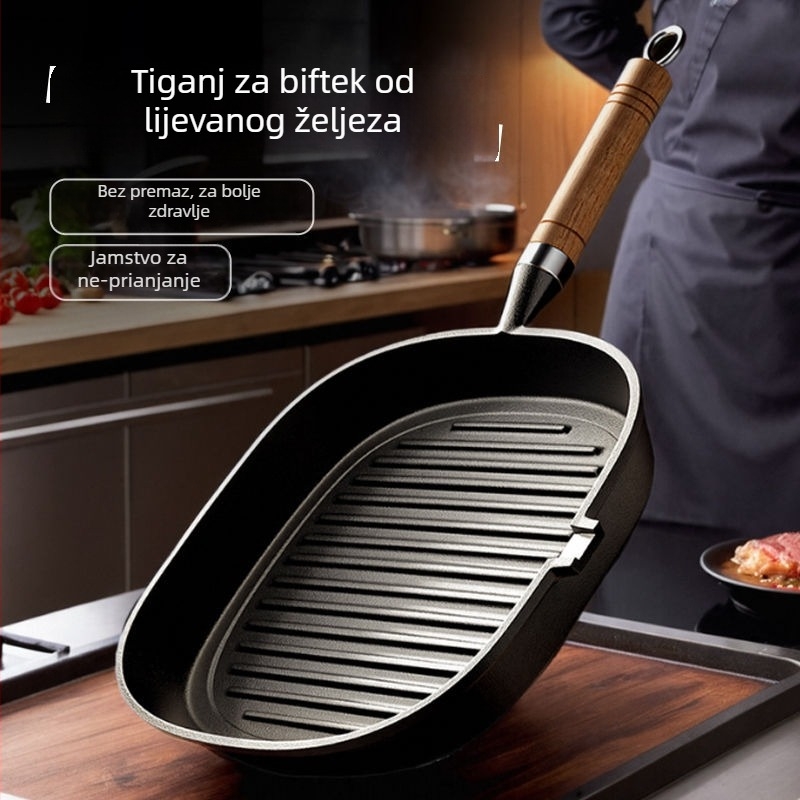 Tavica za steak od lijevanog željeza, debela, bez premaz, drška od drveta, višeslojno dno, kompatibilna s plinskim i indukcijskim pločama