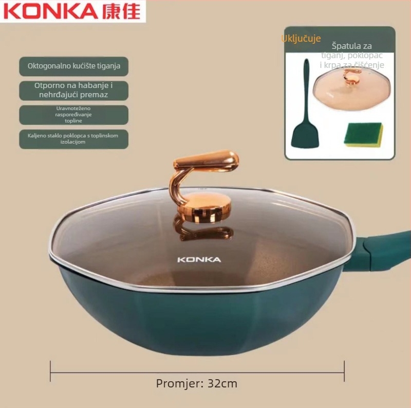 Konka titanijski osmerokutni wok s non-stick premazom, višeslojno dno, poklop od kaljenog stakla