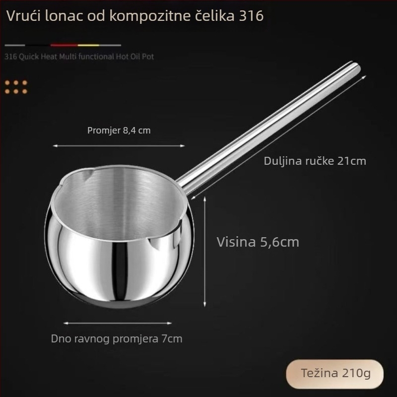 Mini lonac za izlijevanje ulja od nehrđajućeg čelika 304, trostruko dno, zapremina 300/500 ml, dubina 5 cm, brz prijenos topline