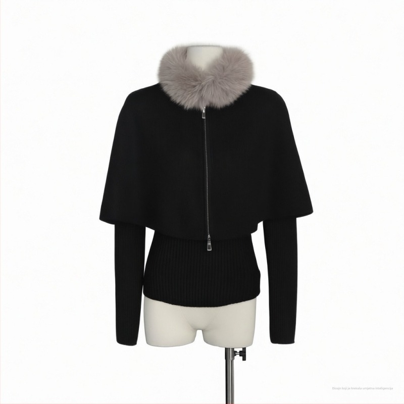 Trodjelni pleteni set: gornji dio, cape-cardigan i šal s krznom za ovratnik; dugi rukavi; kašmir pletenina; poliester-elastan smjesa