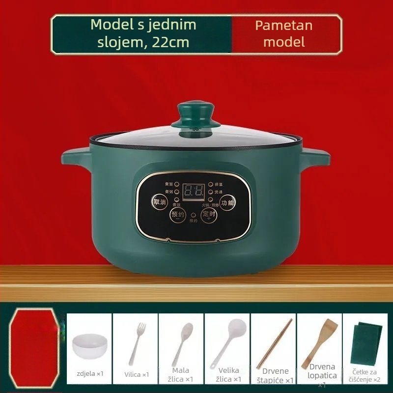 Višenamjenska električna posuda s unutarnjim posudom od porcelanskog kristala, kapacitet <1 L, snaga ≤800 W, mikroračunalno upravljanje, funkcije: prženje, kuhanje, hot pot
