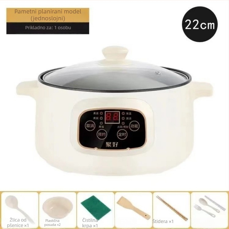 Višenamjenska električna posuda s unutarnjim posudom od porcelanskog kristala, kapacitet <1 L, snaga ≤800 W, mikroračunalno upravljanje, funkcije: prženje, kuhanje, hot pot