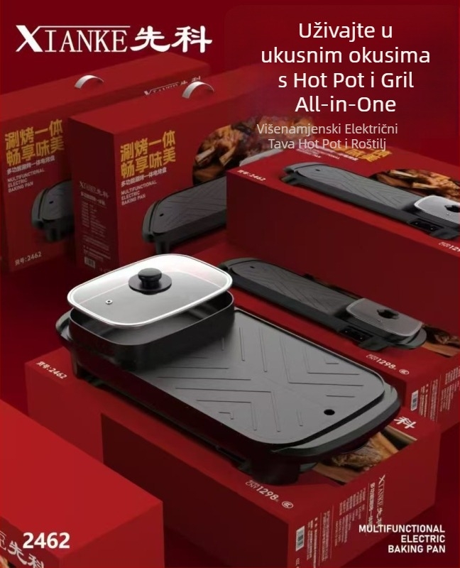 Sve-u-jednom električni lonac i grill, kapacitet 4–5 L, snaga 1200–1500 W, dubina unutarnjeg lonca 7 cm, za 5–6 osoba, shabu-shabu i grill