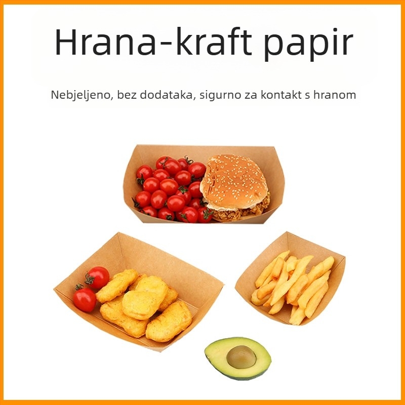 Jednokratna kutija od kraft papira u obliku čamca s otvorenim tanjurićem, 10 paketa, mogućnost tiska logotipa i prilagodbe