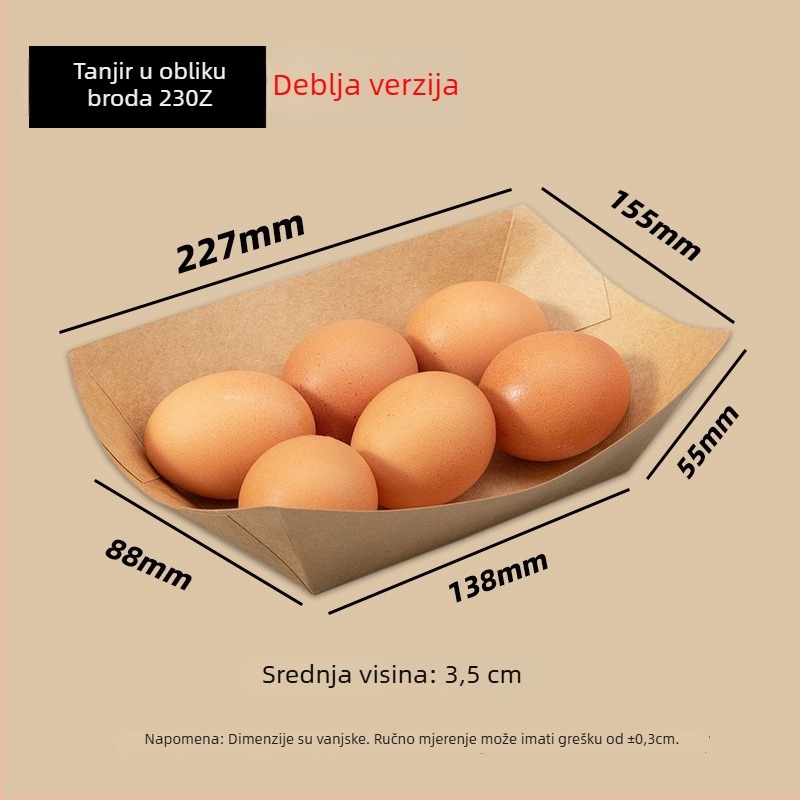 Jednokratna kutija od kraft papira u obliku čamca s otvorenim tanjurićem, 10 paketa, mogućnost tiska logotipa i prilagodbe