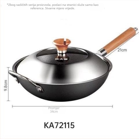 Wok od pročišćenog željeza bez premaza, model KA72108, s jednim dnom, poklopac od nehrđajućeg čelika sa staklom, pogodan za sve ploče