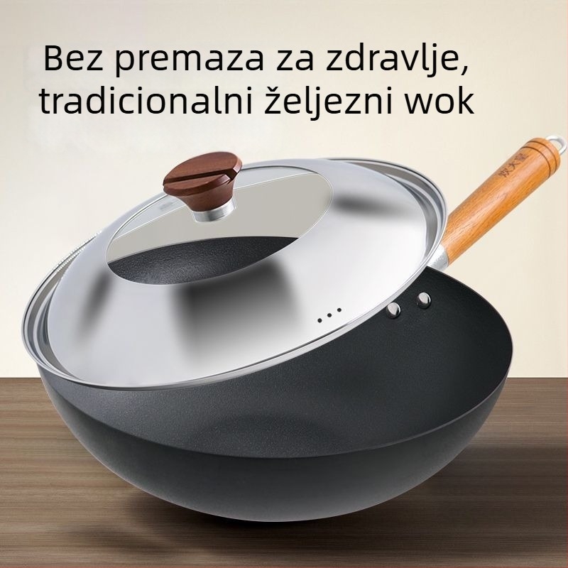 Wok od pročišćenog željeza bez premaza, model KA72108, s jednim dnom, poklopac od nehrđajućeg čelika sa staklom, pogodan za sve ploče