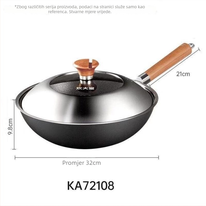 Wok od pročišćenog željeza bez premaza, model KA72108, s jednim dnom, poklopac od nehrđajućeg čelika sa staklom, pogodan za sve ploče