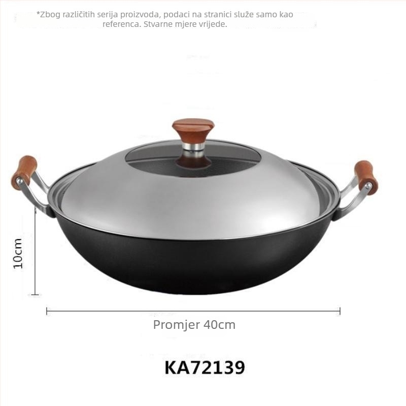 Wok od pročišćenog željeza bez premaza, model KA72108, s jednim dnom, poklopac od nehrđajućeg čelika sa staklom, pogodan za sve ploče