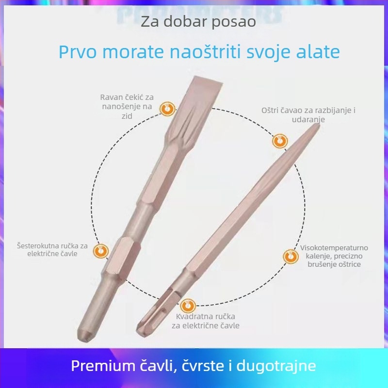 Set nastavaka za električni čekić i bušilicu — samopodostravajući dlijeti, 65A šiljasti ravni dlijet, držači kvadratni/okrugli/šesterokutni (Shine Cast)