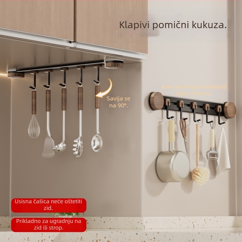 Kuhinjski držač s usisnim koncem – zidni, metalni, s više kuki, nosivost 3-5 kg, Novi kineski stil