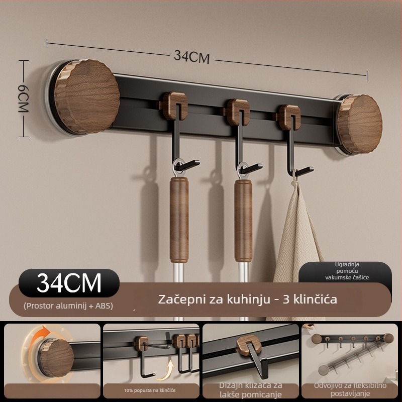 Kuhinjski držač s usisnim koncem – zidni, metalni, s više kuki, nosivost 3-5 kg, Novi kineski stil