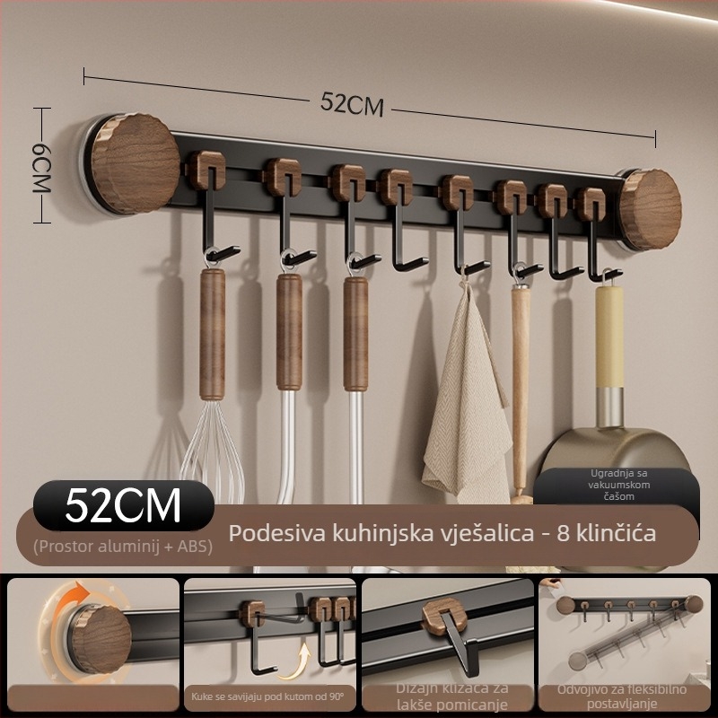 Kuhinjski držač s usisnim koncem – zidni, metalni, s više kuki, nosivost 3-5 kg, Novi kineski stil