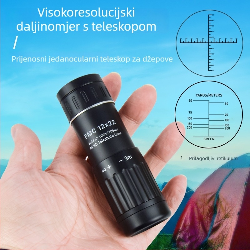 Monokularni teleskop 12x22, križni retikular, noćno vidjenje pri slabom osvjetljenju, kompakni prijenosni daljinomjer
