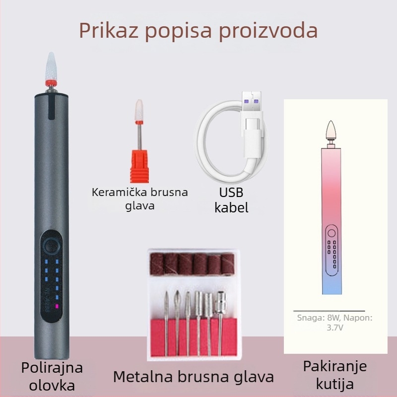 Polirka za nokte s punjivom litijskom baterijom, 3.7V, tri brzine, kabel duljine 0,5 m, za brušenje, graviranje i poliranje