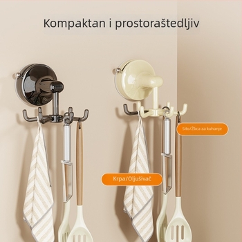 Rotirajući zidni držač kuhinjskih potrepština sa usisnim držačem — PET materijal, moderni minimalistički stil, više od tri kuka, nosivost 0–1 kg