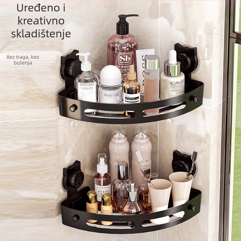 4-slojni kutni usisni ormarić za kupaonicu, zidna montaža bez bušenja, plastika, premaz sprejem, nosivost 5–10 kg